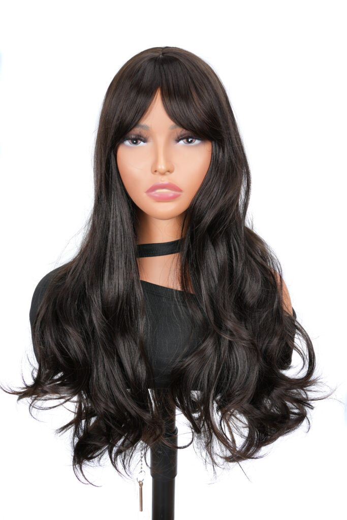 Natural Black Body Wave With Bangs Middle Parting Synthetic Fiber Wigs