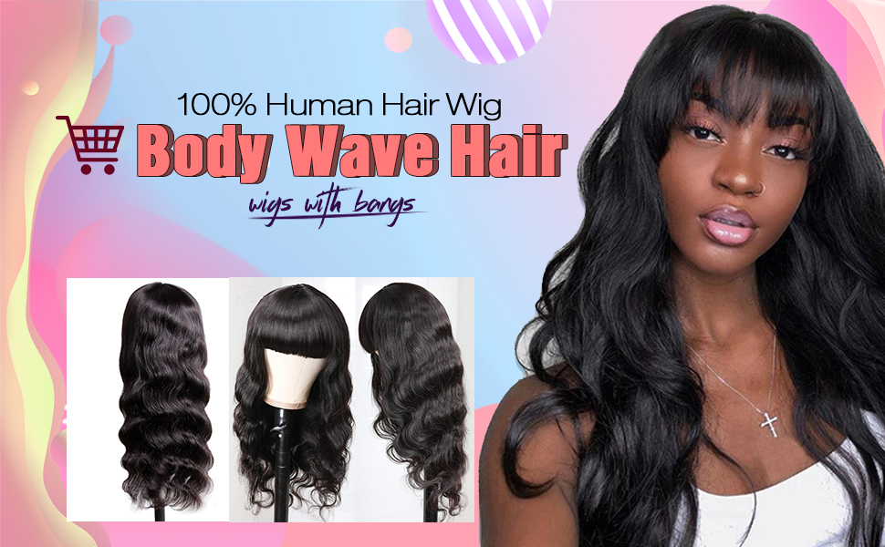 human hair body wave with bangs